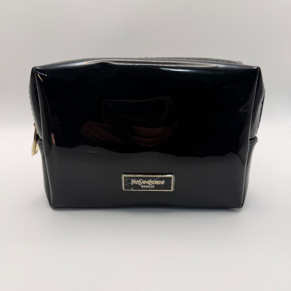 Yves Saint Laurent Beaute Black Patent Cosmetic Makeup Bag Gold Logo Pouch